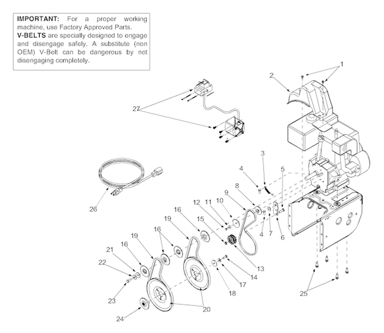 Belts And Engine Accessories Diagram and Parts List for E665E  Yard Machines Snow Blower